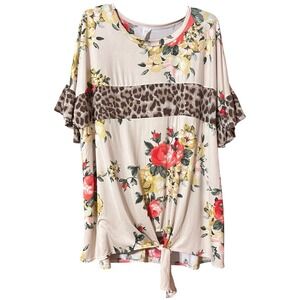 Floral Leopard Womens Stretch Scoop Neck Short Ruffle Sleeve Print Top Cream 3XL